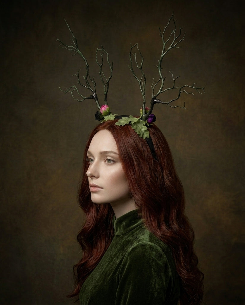 Dark Green with purple pink flowers Branch Horn Demon Nymph Horn Headdress Antlers Costume