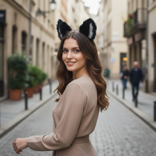 Load image into Gallery viewer, Big Cat ears Kitty Cosplay Headwear Black Gray Furry Gray Fur Inside Animal Headband Costume