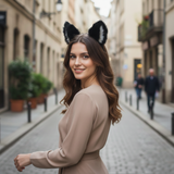 Big Cat ears Kitty Cosplay Headwear Black Gray Furry Gray Fur Inside Animal Headband Costume
