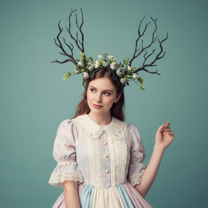 Black Forest Nymph Antler Headdress – Handmade Floral Deer Antler Crown in Dark Blue & Green for Halloween Costumes【NALUMI】