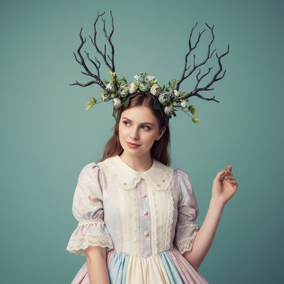 Black Forest Nymph Antler Headdress – Handmade Floral Deer Antler Crown in Dark Blue & Green for Halloween Costumes【NALUMI】