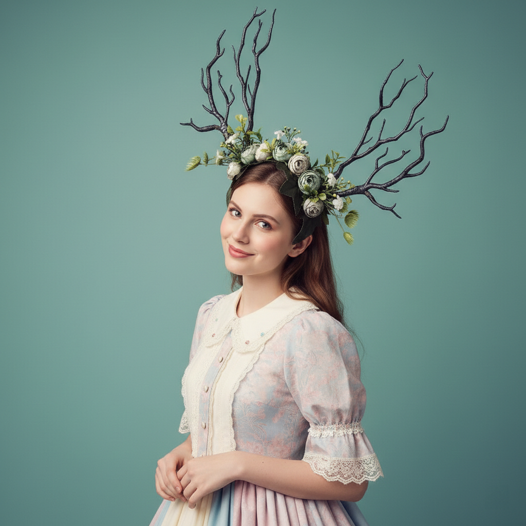 Black Forest Nymph Antler Headdress – Handmade Floral Deer Antler Crown in Dark Blue & Green for Halloween Costumes【NALUMI】