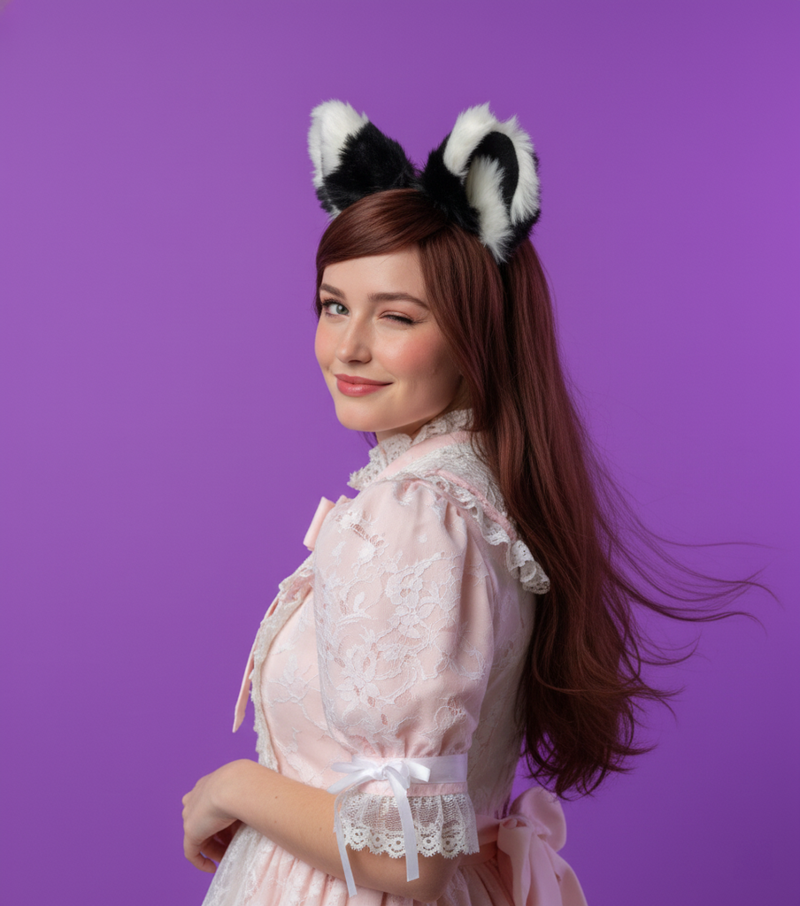 Big Cat Ears Kitty Cosplay Headwear Black White Furry White Fur Inside Animal Headband Costume