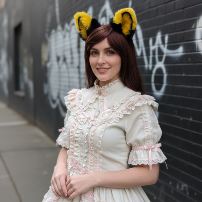 Big Cat Fox Ears Kitty Cosplay Headwear Bright Yellow Black Furry Soft Thick Fur Inside Animal Headband Costume