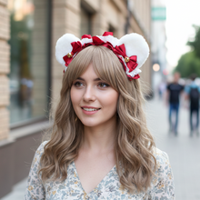 Load image into Gallery viewer, Bear Ears White Cute Headwear Lolita Red Ribbon Jingle Bells Bows Lace Furry Animal Headband Costume Christmas Gift Halloween