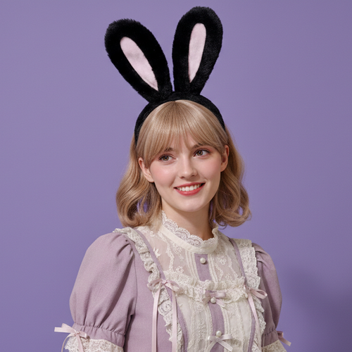 Bunny ears Rabbit Soft Thick Fur Baby Headwear Black Pink Furry Animal Headband Costume Bow Bells  Easter NALUMI