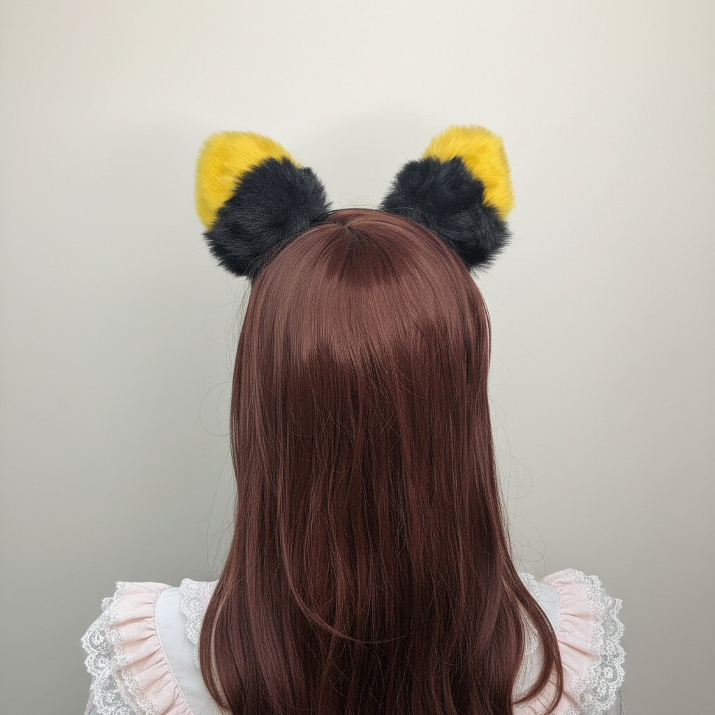 Big Cat Fox Ears Kitty Cosplay Headwear Bright Yellow Black Furry Soft Thick Fur Inside Animal Headband Costume