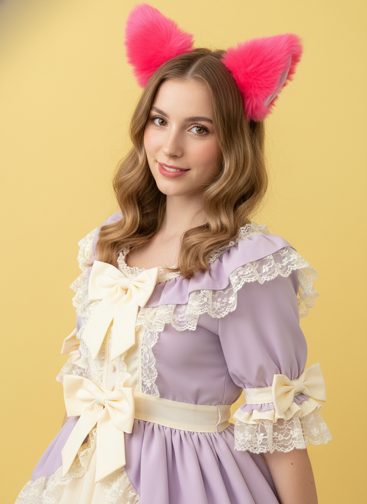 Fluorescent Pink Furry Cat Ears KItty Cute Costume Hairclip Headband 【NALUMI】