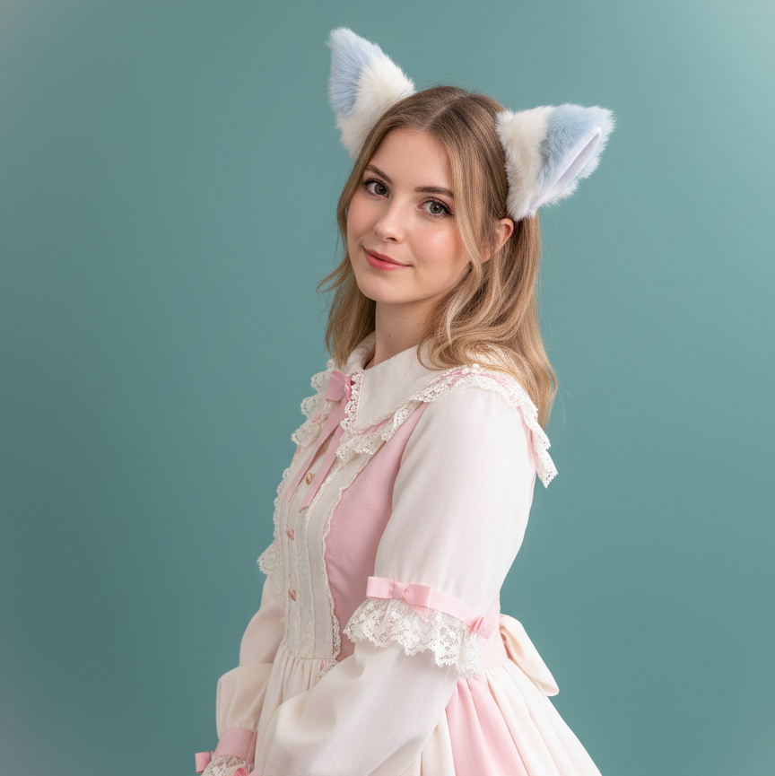 Light Blue And White Furry Cat Ears KItty Cute Costume Hairclip Headband 【NALUMI】