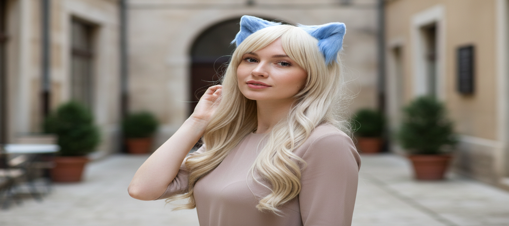 Light Blue Cat ears Kitty kitten Cosplay Anime Headwear Long Furry Animal Hair clip Hairpin Costume Natural Simulation