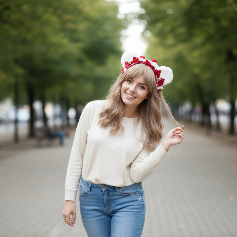 Bear Ears White Cute Headwear Lolita Red Ribbon Jingle Bells Bows Lace Furry Animal Headband Costume Christmas Gift Halloween