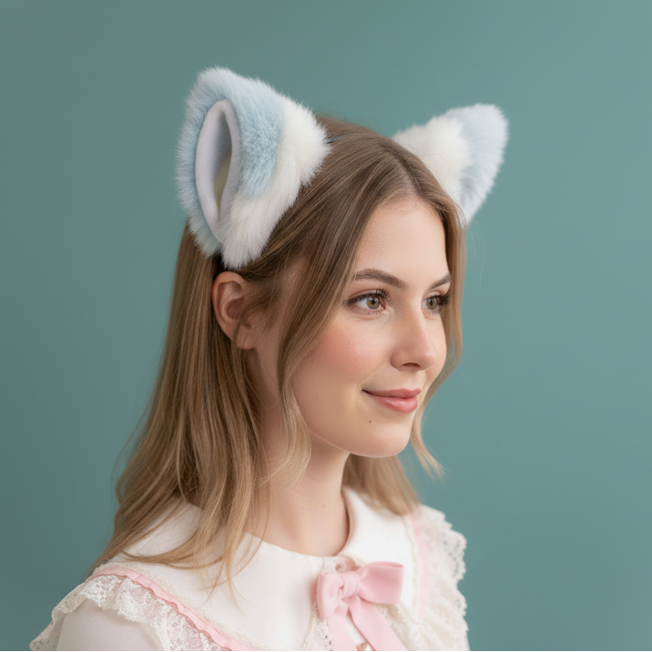 Light Blue And White Furry Cat Ears KItty Cute Costume Hairclip Headband 【NALUMI】