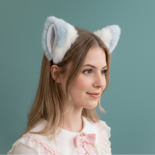 Light Blue And White Furry Cat Ears KItty Cute Costume Hairclip Headband 【NALUMI】