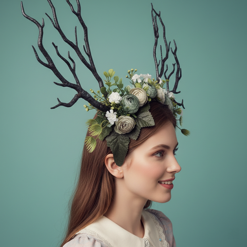 Black Forest Nymph Antler Headdress – Handmade Floral Deer Antler Crown in Dark Blue & Green for Halloween Costumes【NALUMI】