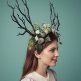 Black Forest Nymph Antler Headdress – Handmade Floral Deer Antler Crown in Dark Blue & Green for Halloween Costumes【NALUMI】