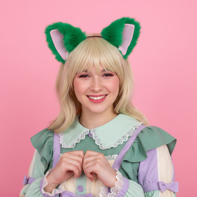 Cat ears Kitty Fox Front ears Cosplay Headwear Green Furry Pink inside Animal Headband Costume