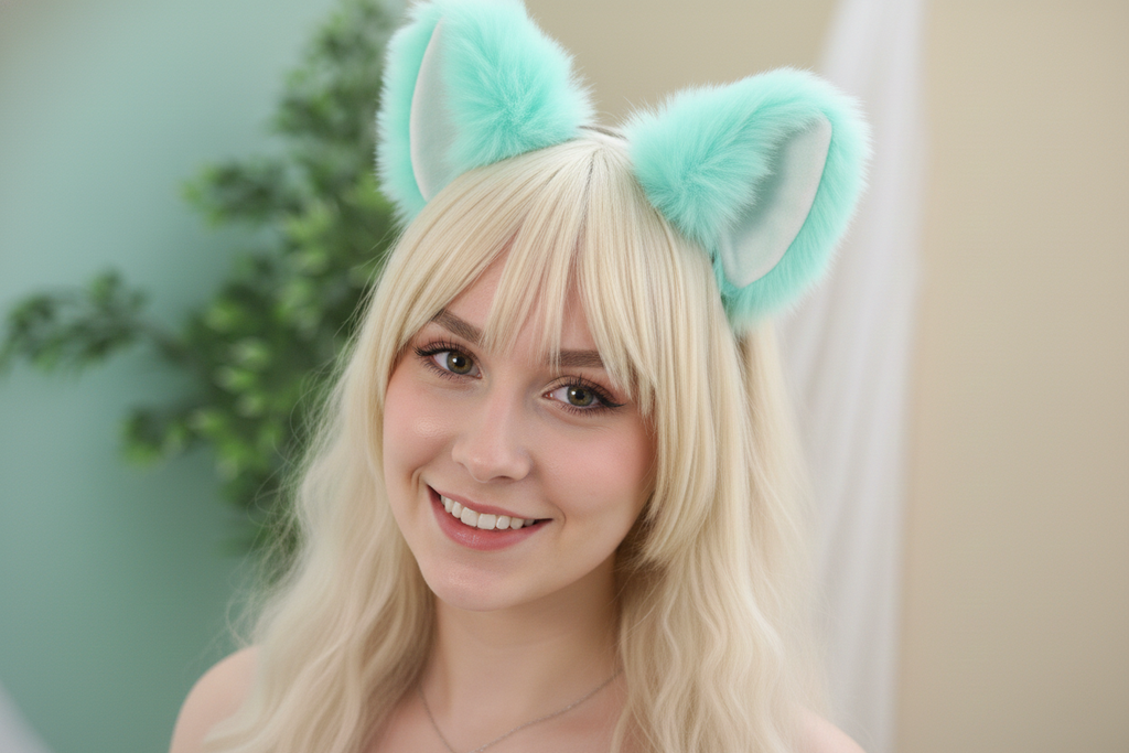 Big Cat ears Kitty Cosplay Headwear Tender Green Furry White Inside Animal Headband Costume