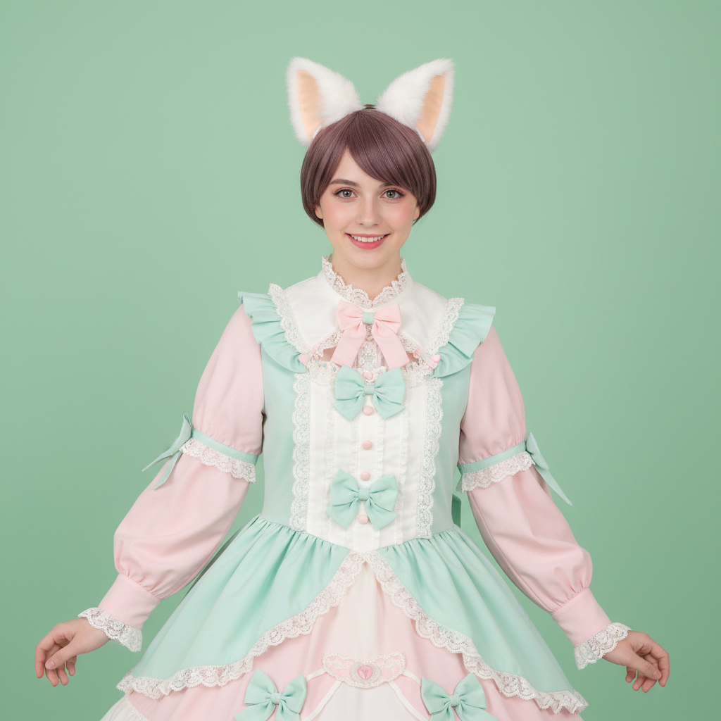 Cat ears Kitty Headwear White Furry Beige inside Animal Headband Costume Bow Bells