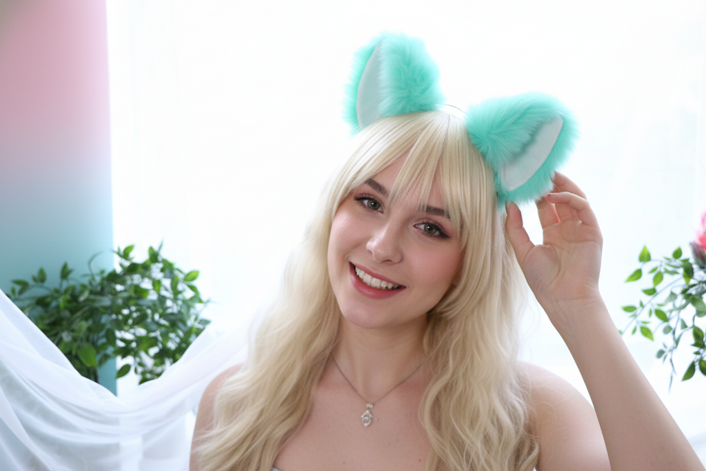 Big Cat ears Kitty Cosplay Headwear Tender Green Furry White Inside Animal Headband Costume