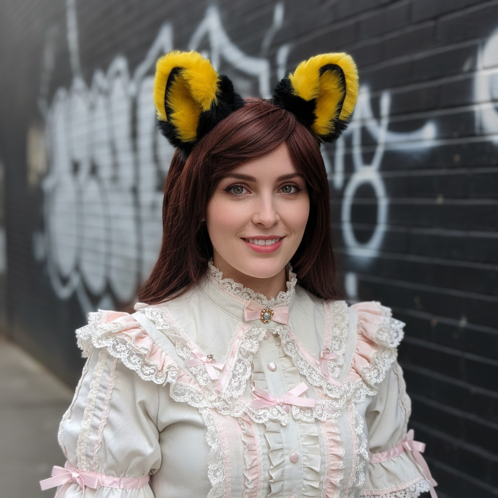 Big Cat Fox Ears Kitty Cosplay Headwear Bright Yellow Black Furry Soft Thick Fur Inside Animal Headband Costume