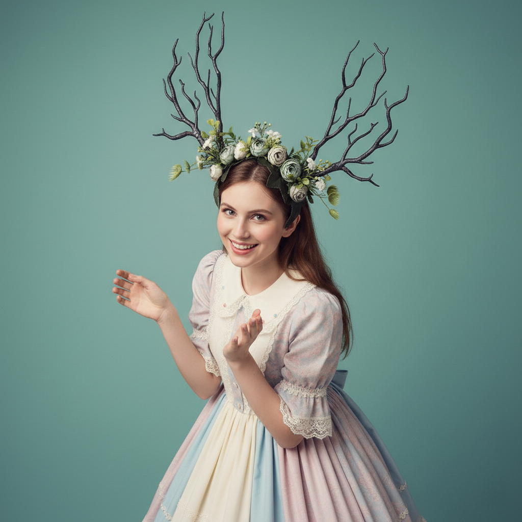 Black Forest Nymph Antler Headdress – Handmade Floral Deer Antler Crown in Dark Blue & Green for Halloween Costumes【NALUMI】