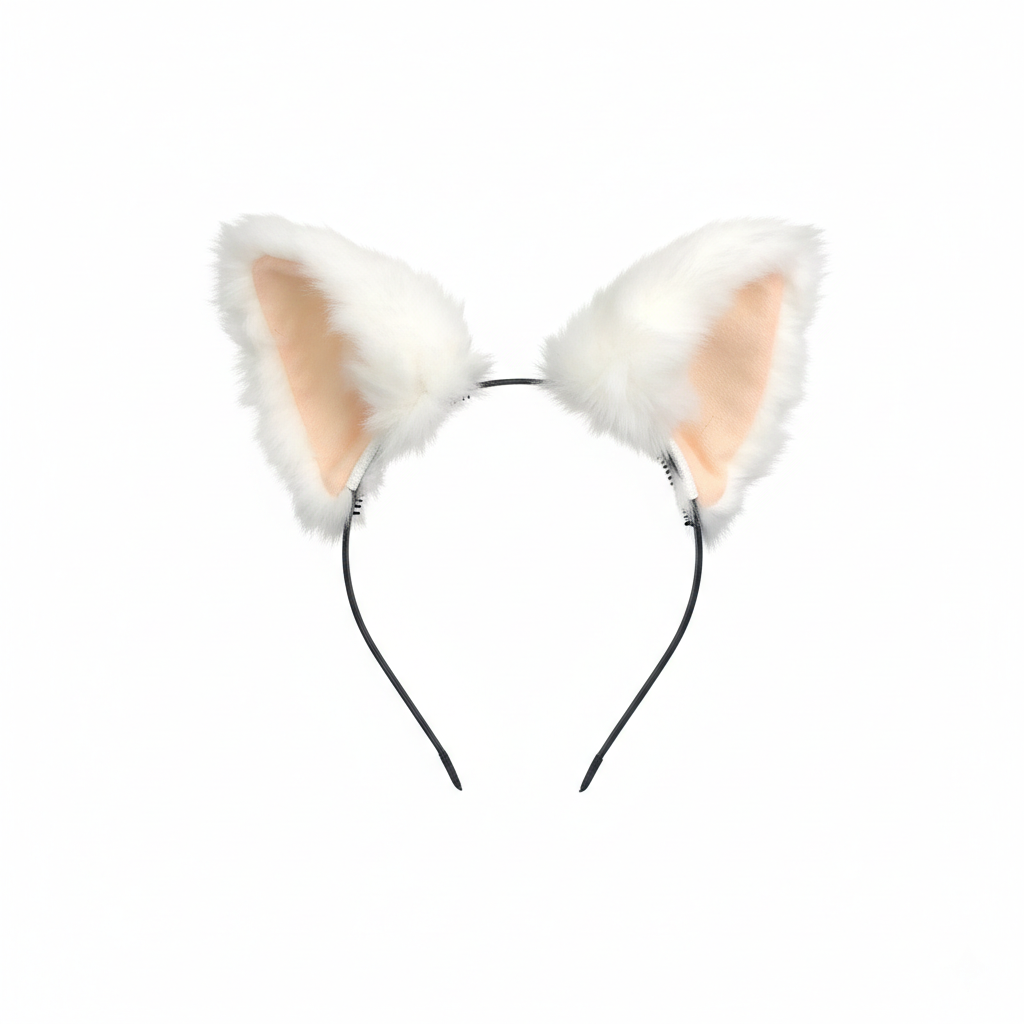Cat ears Kitty Headwear White Furry Beige inside Animal Headband Costume Bow Bells